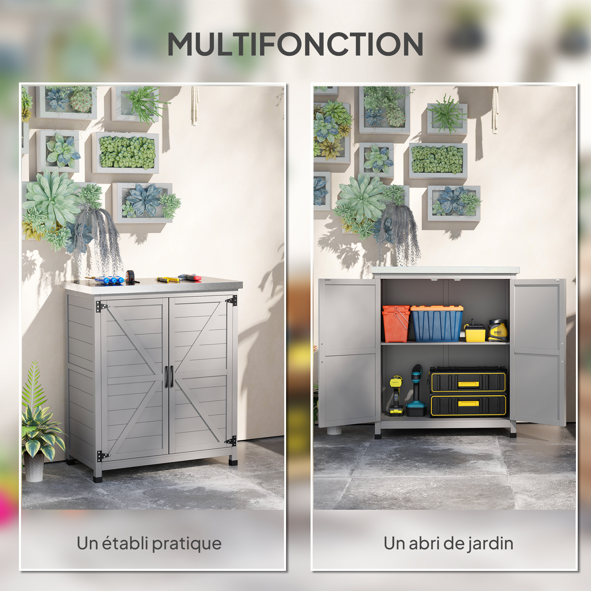 Armoire de jardin bois 2 portes étagère plateau rempotage acier galvanisé