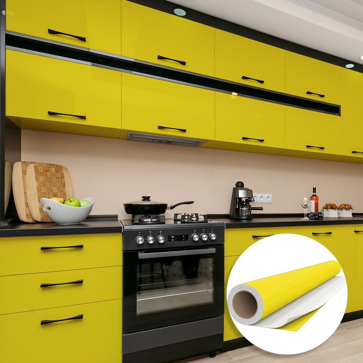 Rouleau adhésif décoratif Vinyle au Mètre - Jaune canari - Sticker Lavable Imperméable Mur Cuisine Meubles