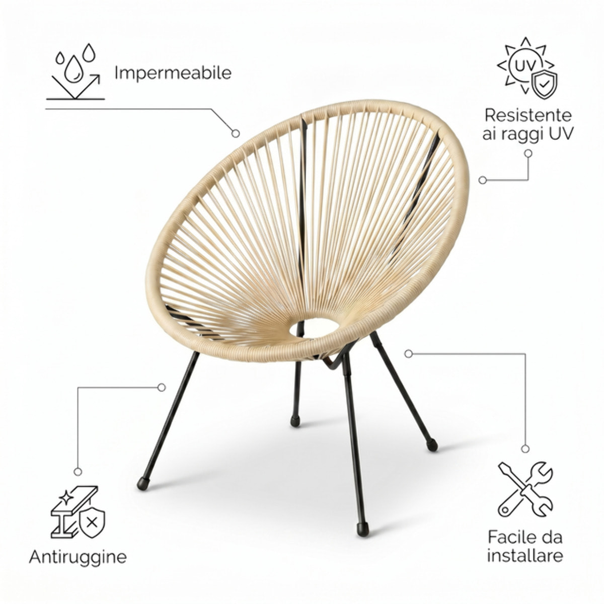 Sedia da giardino in acciaio e vimini sintetico multistring, poltrona outdoor design moderno, resistente a UV e acqua, antiruggine e facile da montare, seduta ergonomica e traspirante, ideale per balcone terrazzo e giardino