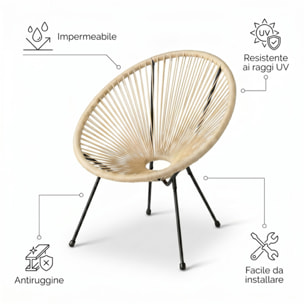 Sedia da giardino in acciaio e vimini sintetico multistring, poltrona outdoor design moderno, resistente a UV e acqua, antiruggine e facile da montare, seduta ergonomica e traspirante, ideale per balcone terrazzo e giardino