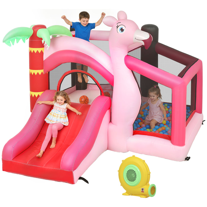 Castillo Hinchable para Niños con Soplador, Castillo Hinchable con Tobogán, Cama Elástica, Piscina de Pelotas, Canasta de Baloncesto, Diseño de Flamenco, Interior y Exterior, 255x230x196 cm