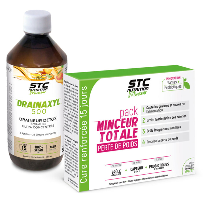 Duo Minceur - Complément alimentaire minceur - Drainaxyl® 500 Thé Pêche + Pack Minceur Totale - Aide à drainer, détoxifier - Favorise la perte de poids - Cure 30 jours