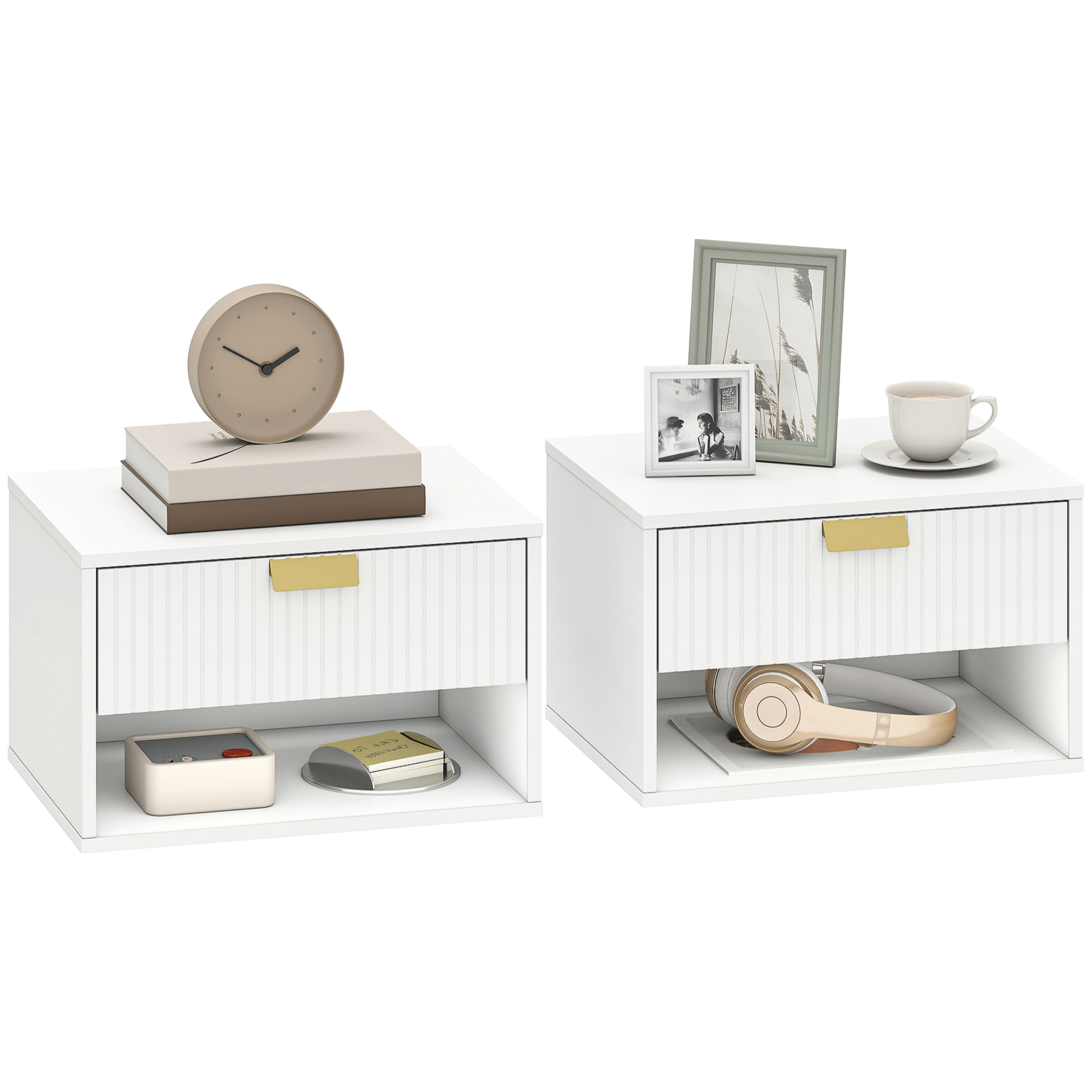 Juego de 2 Mesitas de Noche Flotantes, Mesillas de Noche con Cajón con Frente Ondulado y Estante Abierto, Diseño Moderno, 40x30x25 cm, Blanco