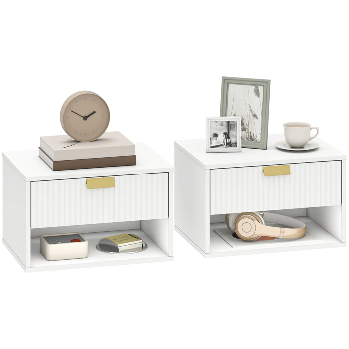 Juego de 2 Mesitas de Noche Flotantes, Mesillas de Noche con Cajón con Frente Ondulado y Estante Abierto, Diseño Moderno, 40x30x25 cm, Blanco