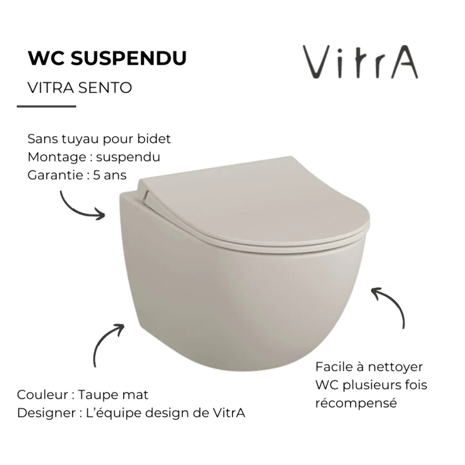 WC suspendu sans bride VITRA Sento taupe mat + abattant