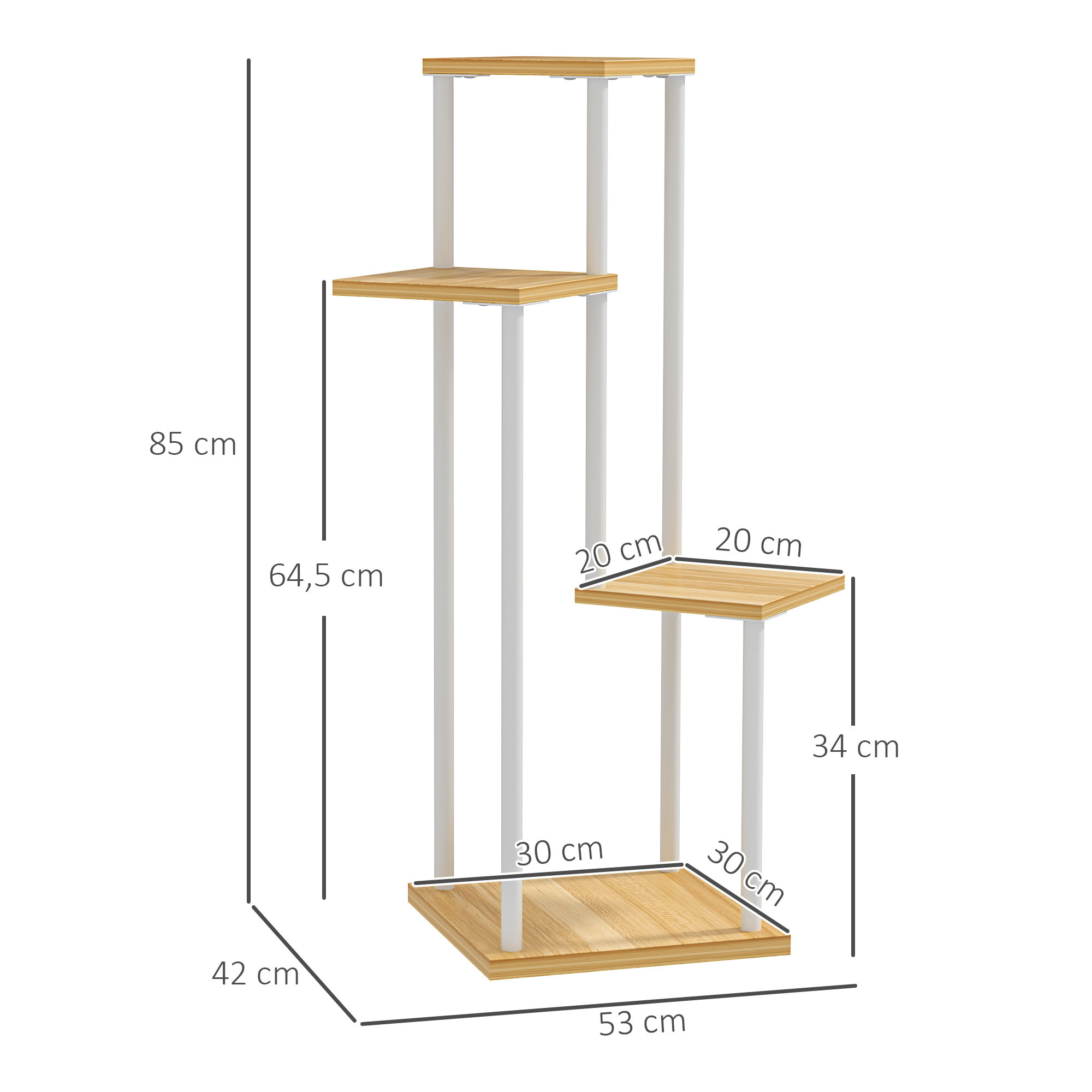 Estantería para Plantas de 4 Niveles Soporte para Plantas de Madera y Acero con 4 Estantes Cuadrados Soporte para Macetas para Interior y Exterior 53x42x85 cm Natural y Blanco