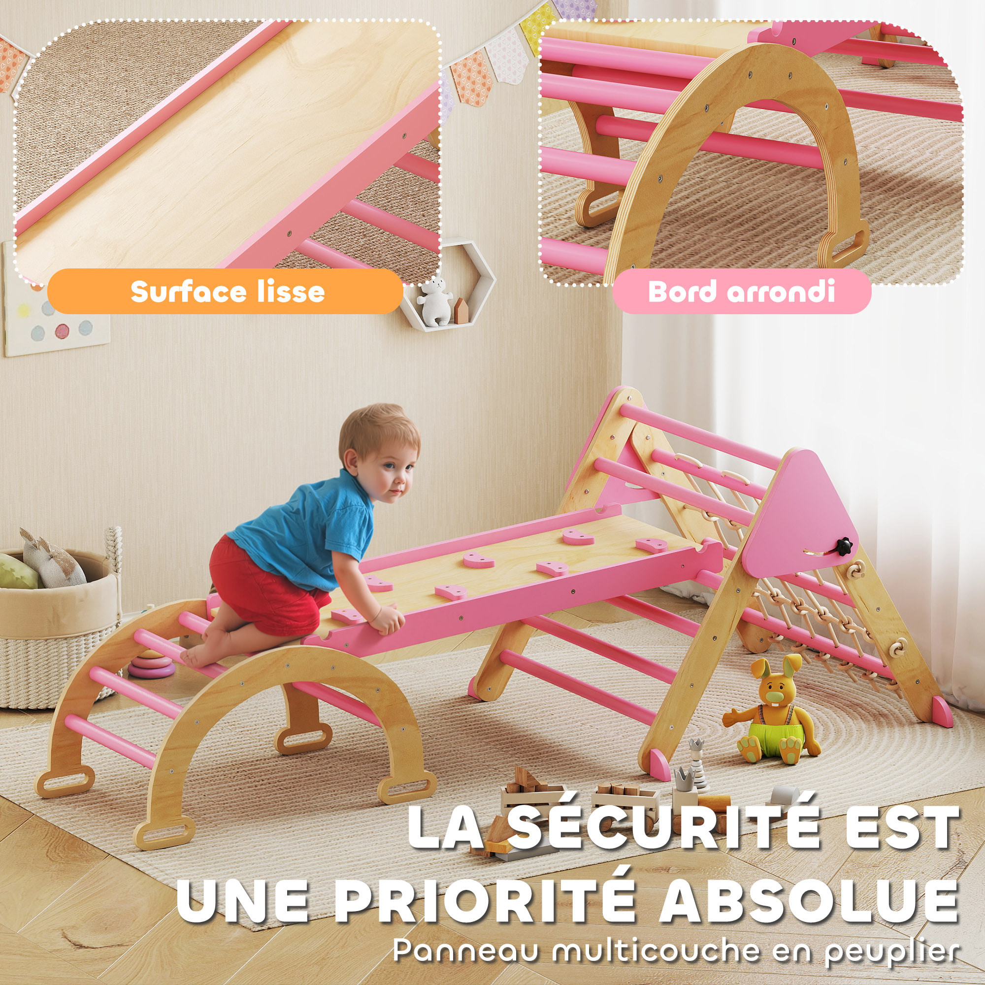 Triangle d'escalade enfant pliable 8 en 1 - aire de jeu enfant - bois rose