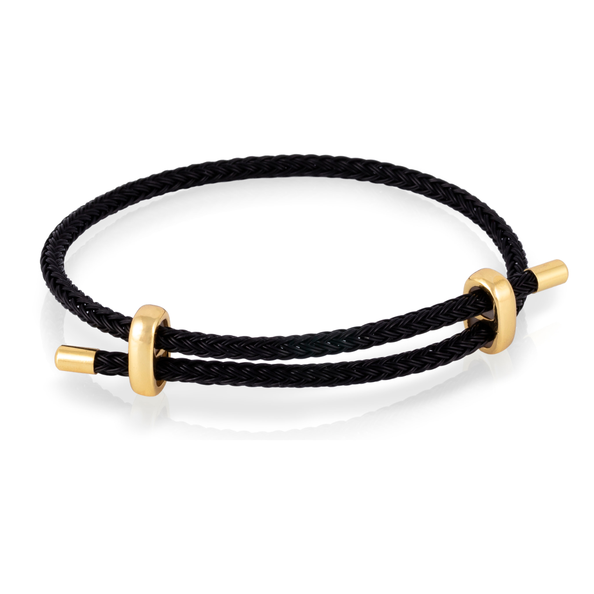Pack de 3 pulseras trenzadas de alambre de acero oro, blanco y negro con cierre cruzado de cobre dorado.