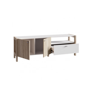 Meuble TV moderne en bois effet chêne et blanc avec rangements - VIK