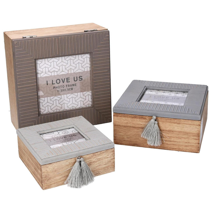 Set di 3 scatole in legno grigio quadro cm18x18h9