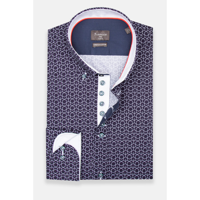 Camicia Uomo 1 Bottoni Button Down Slim Popeline Stretch Stampato Blu\Bianco