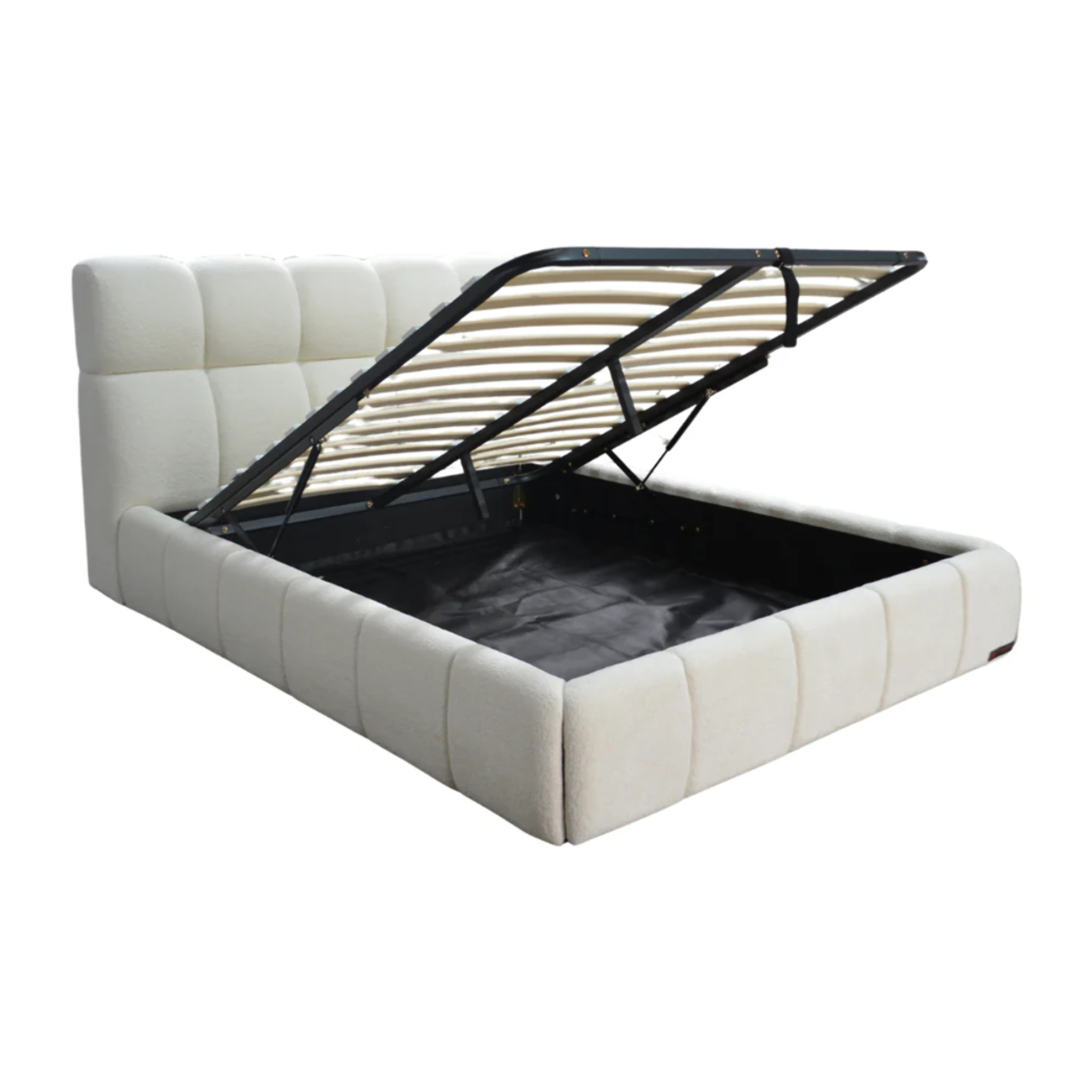 Lit coffre Aneto avec tête de lit en tissu chenille beige