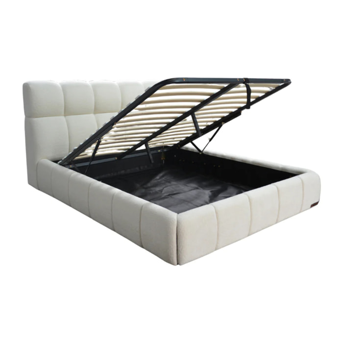 Lit coffre Aneto avec tête de lit en tissu chenille beige