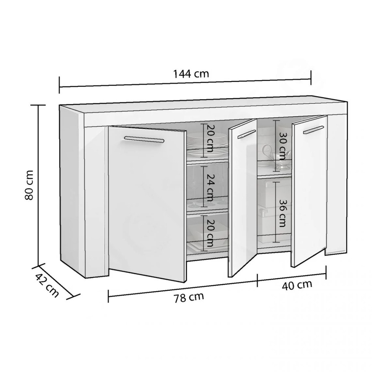 Aparador de 3 puertas con gran almacenamiento en blanco artik 144 cm Dara Blanco Artik (Blanco Mate)