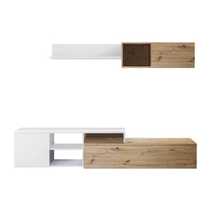 Parete attrezzata Aligator, Mobile da soggiorno porta TV reversibile, Composizione per salotto con pensile e mensola, 220x40h44 cm, Rovere effetto nodi e Bianco