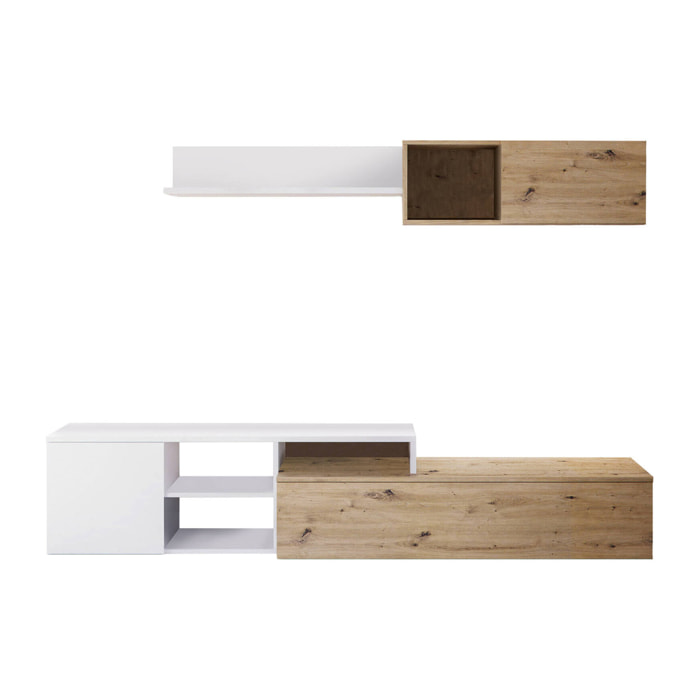 Parete attrezzata Aligator, Mobile da soggiorno porta TV reversibile, Composizione per salotto con pensile e mensola, 220x40h44 cm, Rovere effetto nodi e Bianco