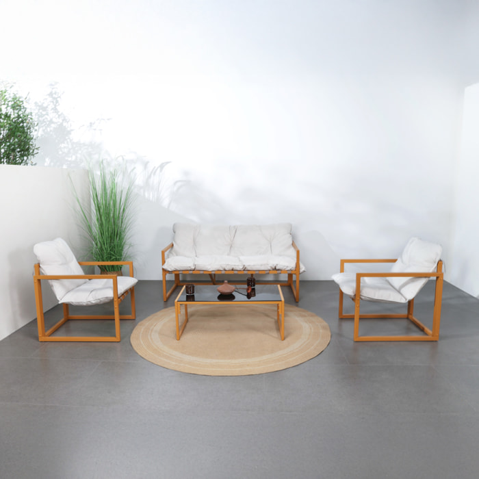 LANA Salon de jardin 5 places contemporain marron et coussins beiges