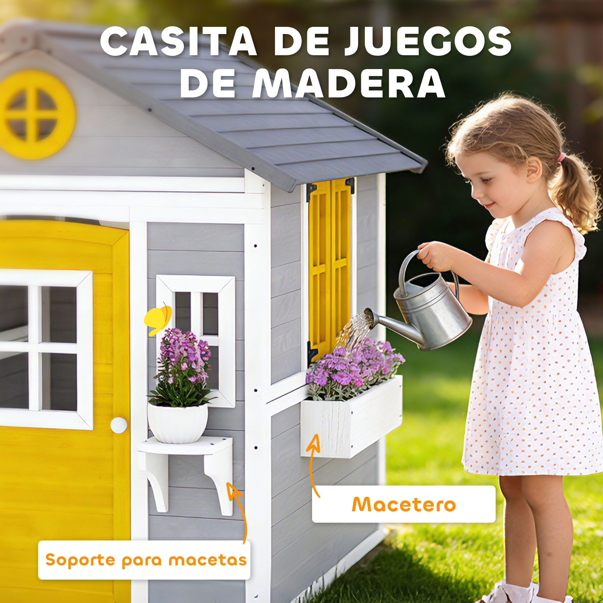 Casita Infantil Exterior e Interior de Madera, Casita Infantil con Puerta, Ventanas, Jardineras y Soportes de Flores, Casa de Jardín para Niños de 3-8 Años, Gris