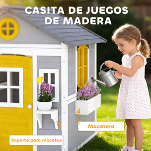 Casita Infantil Exterior e Interior de Madera, Casita Infantil con Puerta, Ventanas, Jardineras y Soportes de Flores, Casa de Jardín para Niños de 3-8 Años, Gris