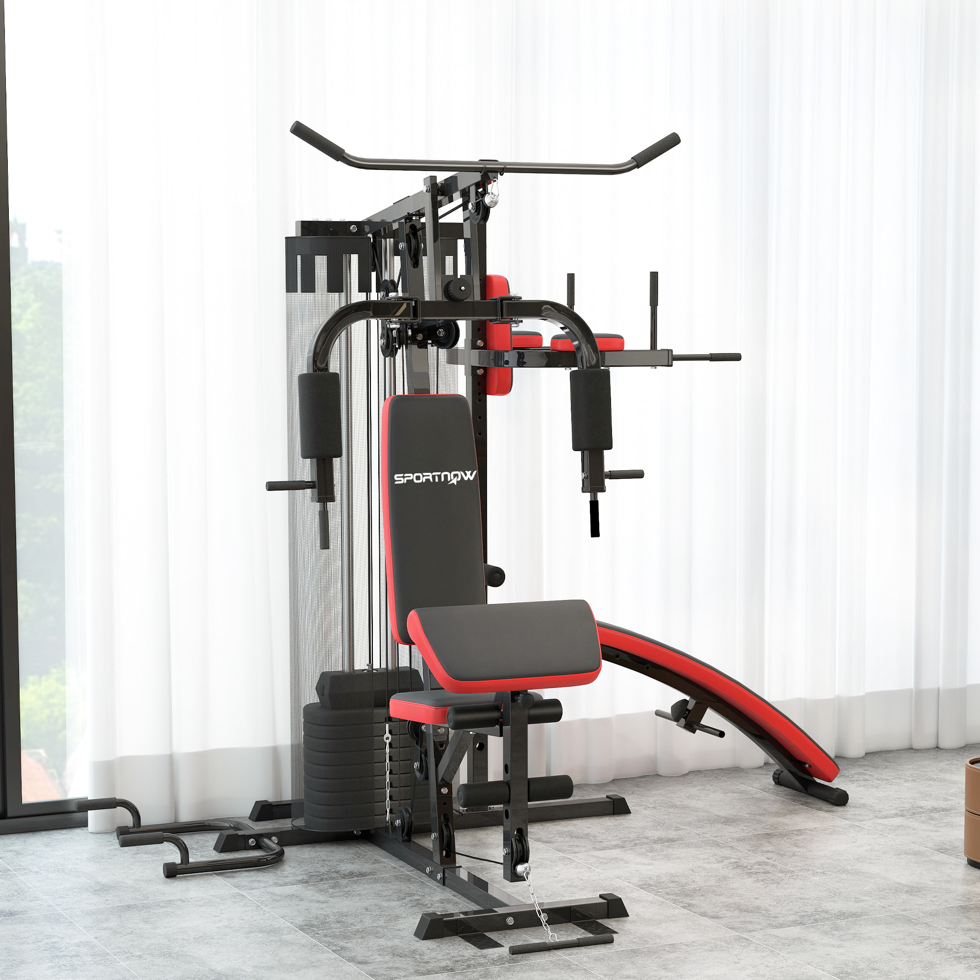 Station de musculation - banc, développé couché, butterfly, barre latissimus et traction, curler, bande résistance, 10 contrepoids - acier noir rouge