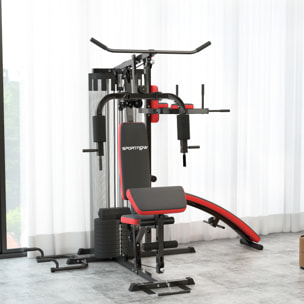 Station de musculation - banc, développé couché, butterfly, barre latissimus et traction, curler, bande résistance, 10 contrepoids - acier noir rouge