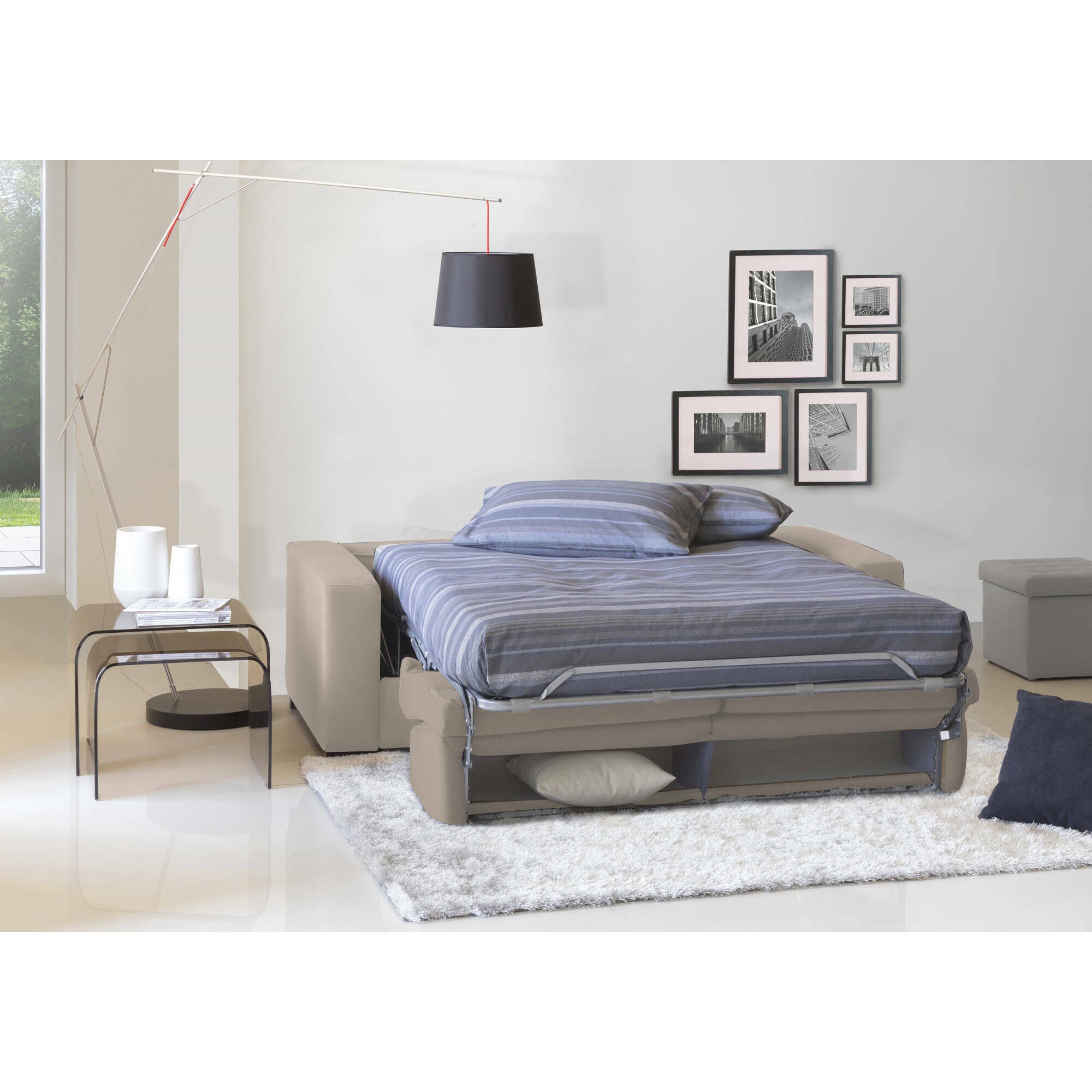 Divano Letto Aleida, Divano a 2 posti, 100% Made in Italy, Sofà Soggiorno con apertura girevole, in tessuto imbottito, con Braccioli standard, Cm 180x95h90, Tortora