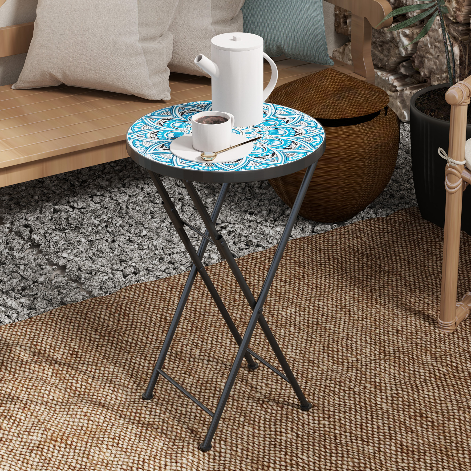 Mesa Auxiliar Redonda Mesa de Jardín Exterior Plegable con Encimera de Mosaico y Almohadillas Antideslizantes Mesa para Exterior Terraza Patio Ø35,5x55 cm Azul