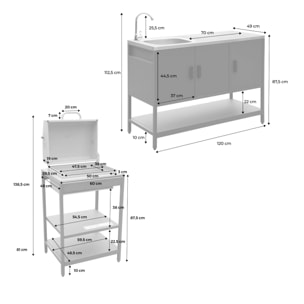 Cuisine d'extérieure 2 modules avec barbecue charbon de bois sur pieds, 2 étagères et thermomètre NAXOS BARBECUE CHARBON + 1 MODULE