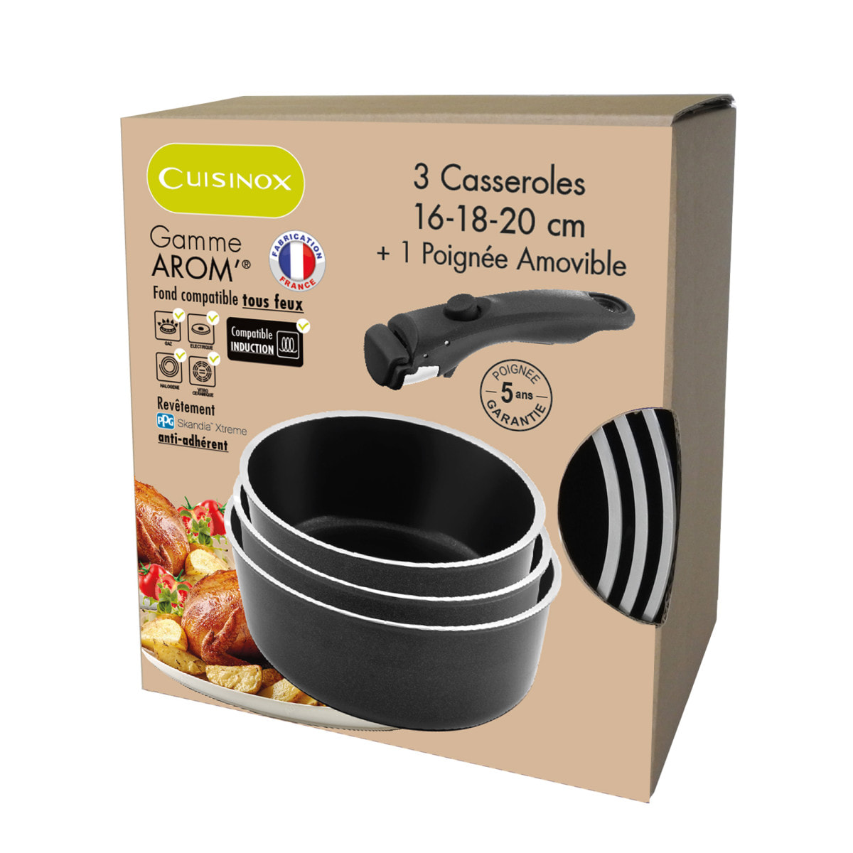 Arom - Série 3 casseroles 16, 18 et 20 cm avec poignée amovible