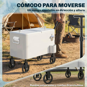 Carrito Nevera de 56L con Ruedas, Carro de Bebidas con Mango Ajustable, Abrebotellas, Recogetapas, Drenaje y Asa, Mesa Nevera Jardín Exterior para Patio, Fiesta, BBQ, 75x35x120 cm, Blanco