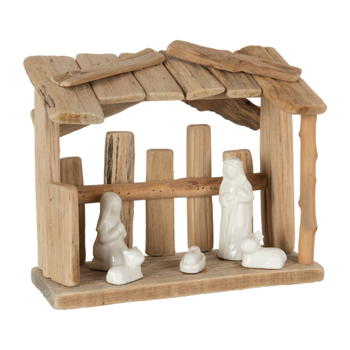 J-Line Creche Toit Plat Bois/Ceramique Naturel/Blanc