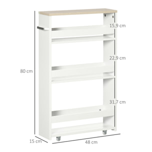 kleankin Estantería de Almacenamiento de Baño de 3 Niveles Estantería Estrecha con Asa Lateral Estante con Ruedas para Cocina Salón Estilo Moderno 48x15x80 cm Blanco