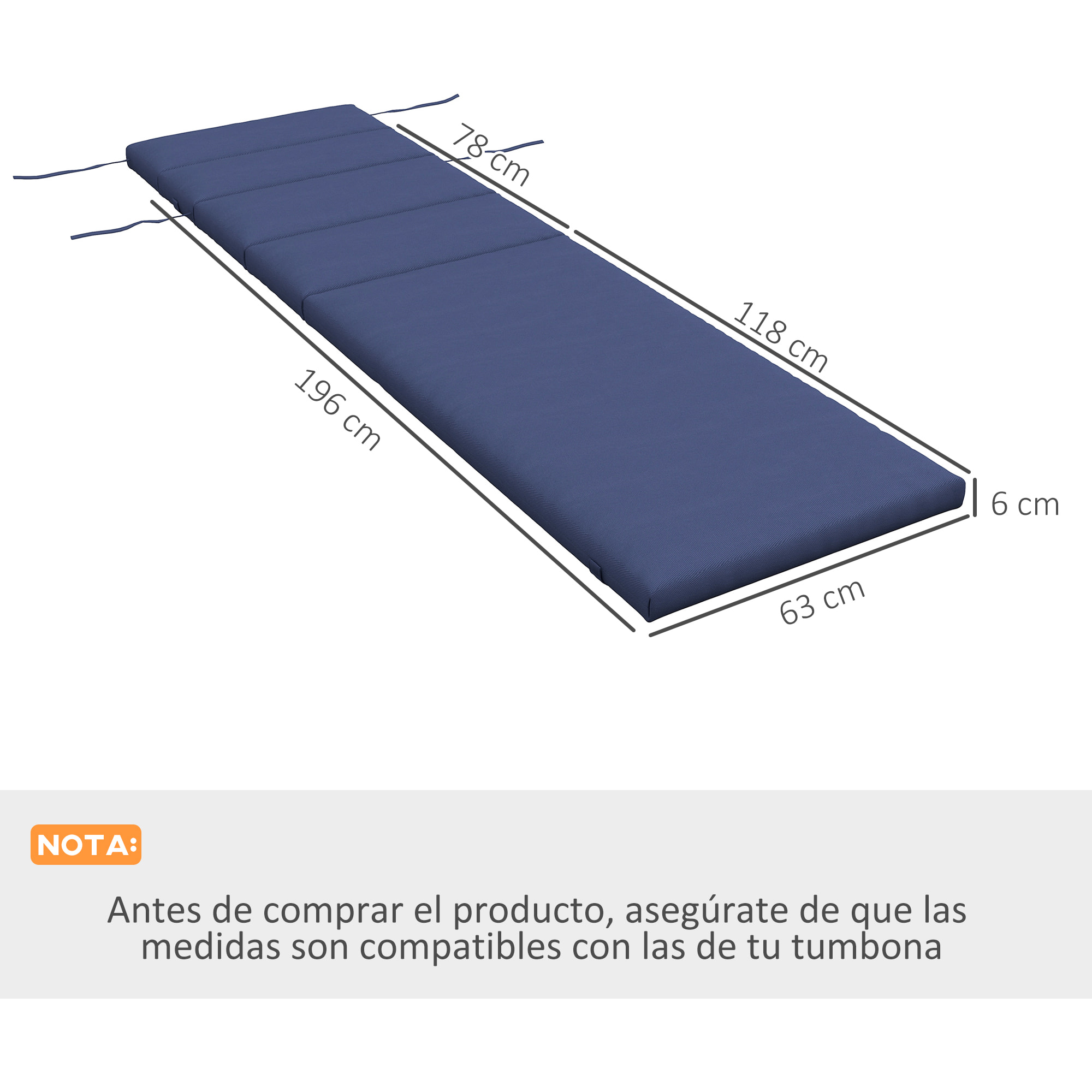 Cojín para Tumbona 196x63x6 cm Colchoneta para Tumbona de Algodón con Tela Hidrófuga Cojín de Asiento y Respaldo para Jardín Terraza Balcón Azul Oscuro