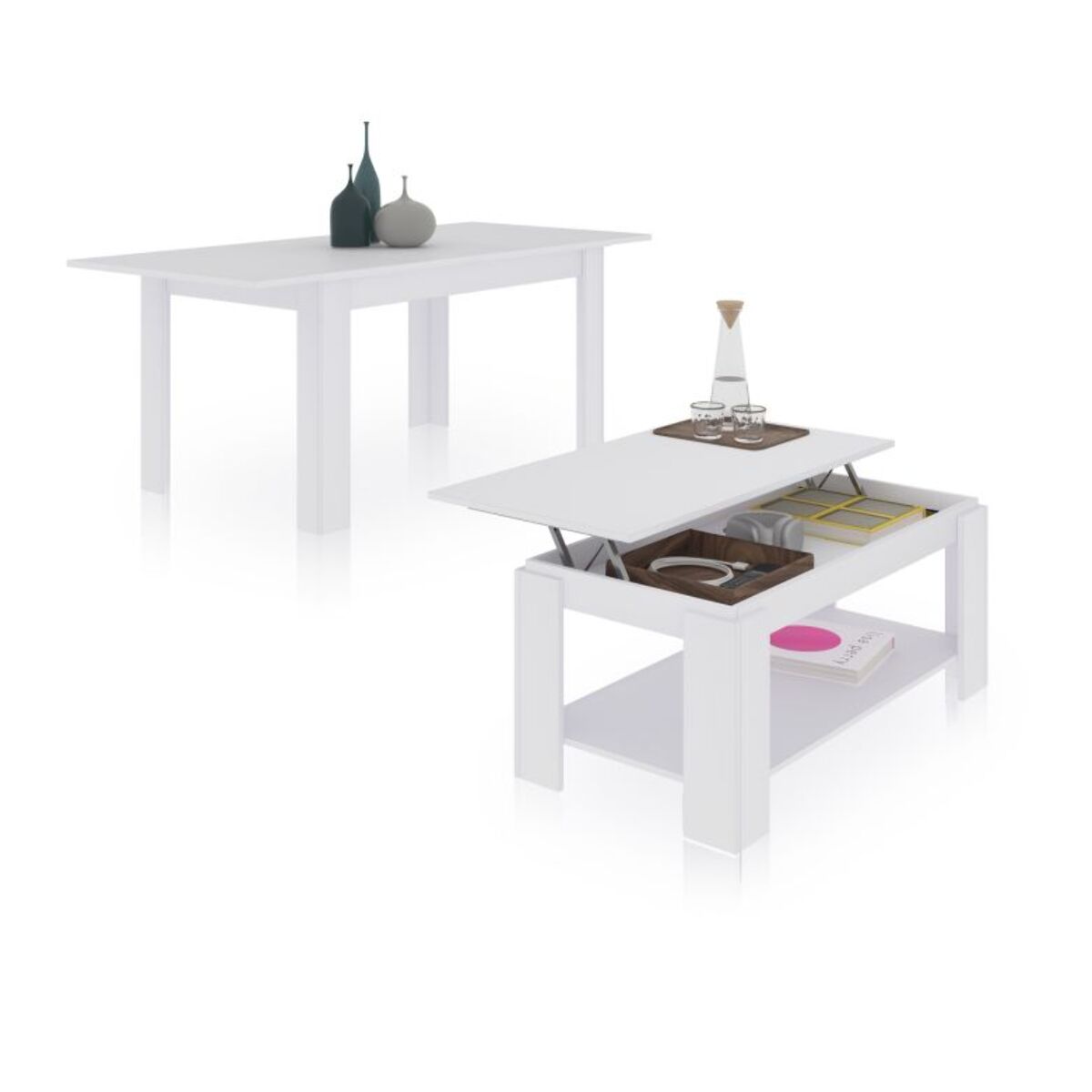 Pack mesa de comedor 140 y mesa de centro Lya Blanco Artik (Blanco Mate)