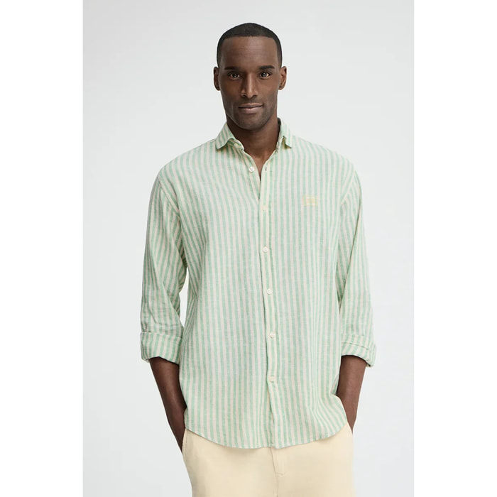Camisa de rayas cotolino verde con cuello italiano y logo Polo Club