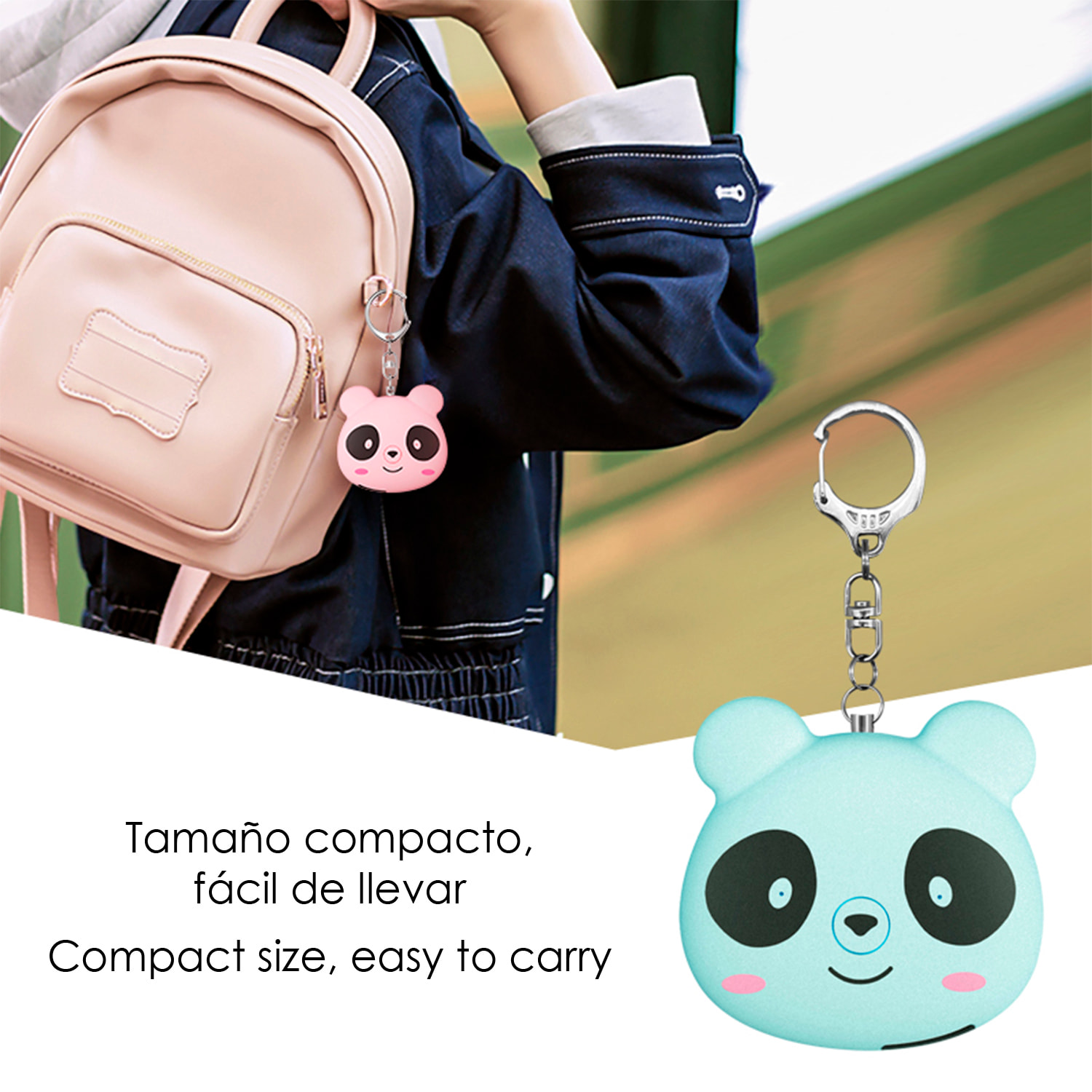 Alarma SOS personal con diseño de panda y sonido de 130dB. Batería recargable y activación rápida por tirón de anilla.