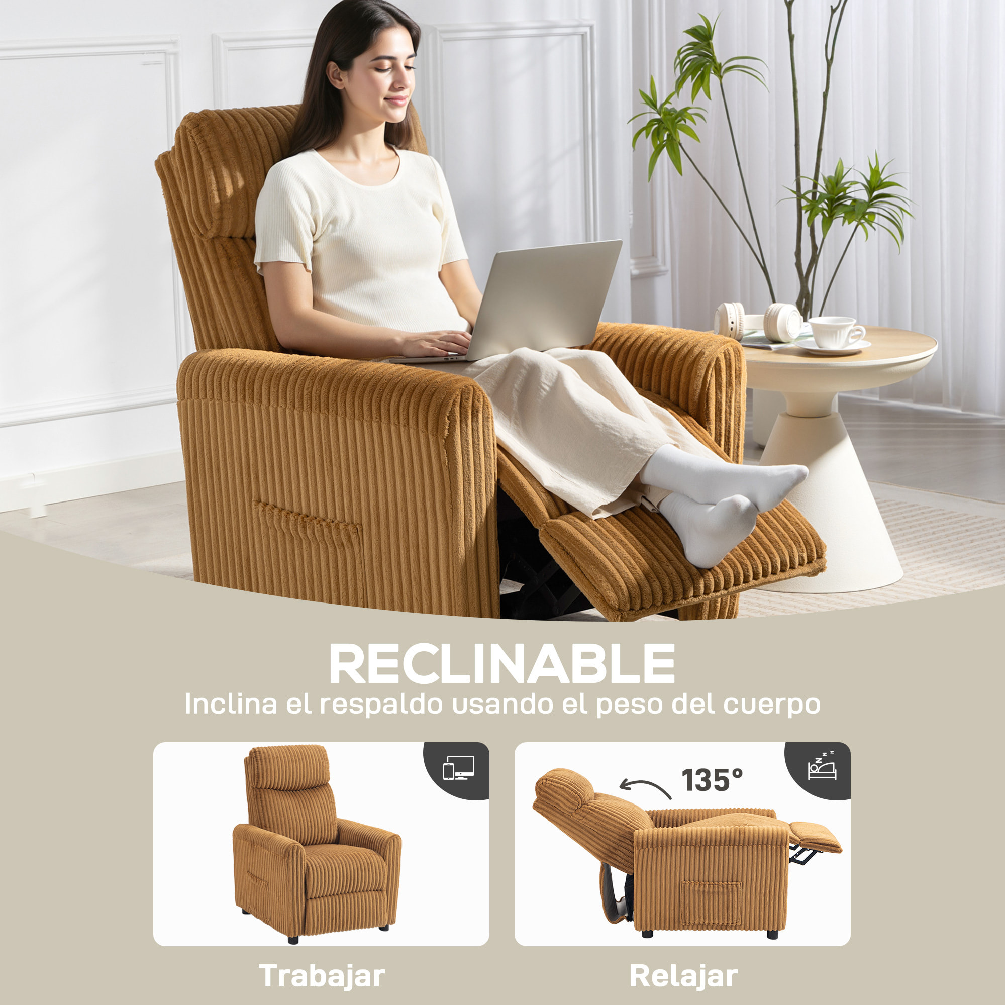 Sillón Relax Reclinable, Sillón Reclinable Manual, Tapizado en Pana, Instalación Rápida, Reposapiés, Acolchado Grueso, para Salón, Dormitorio, Oficina, Crema