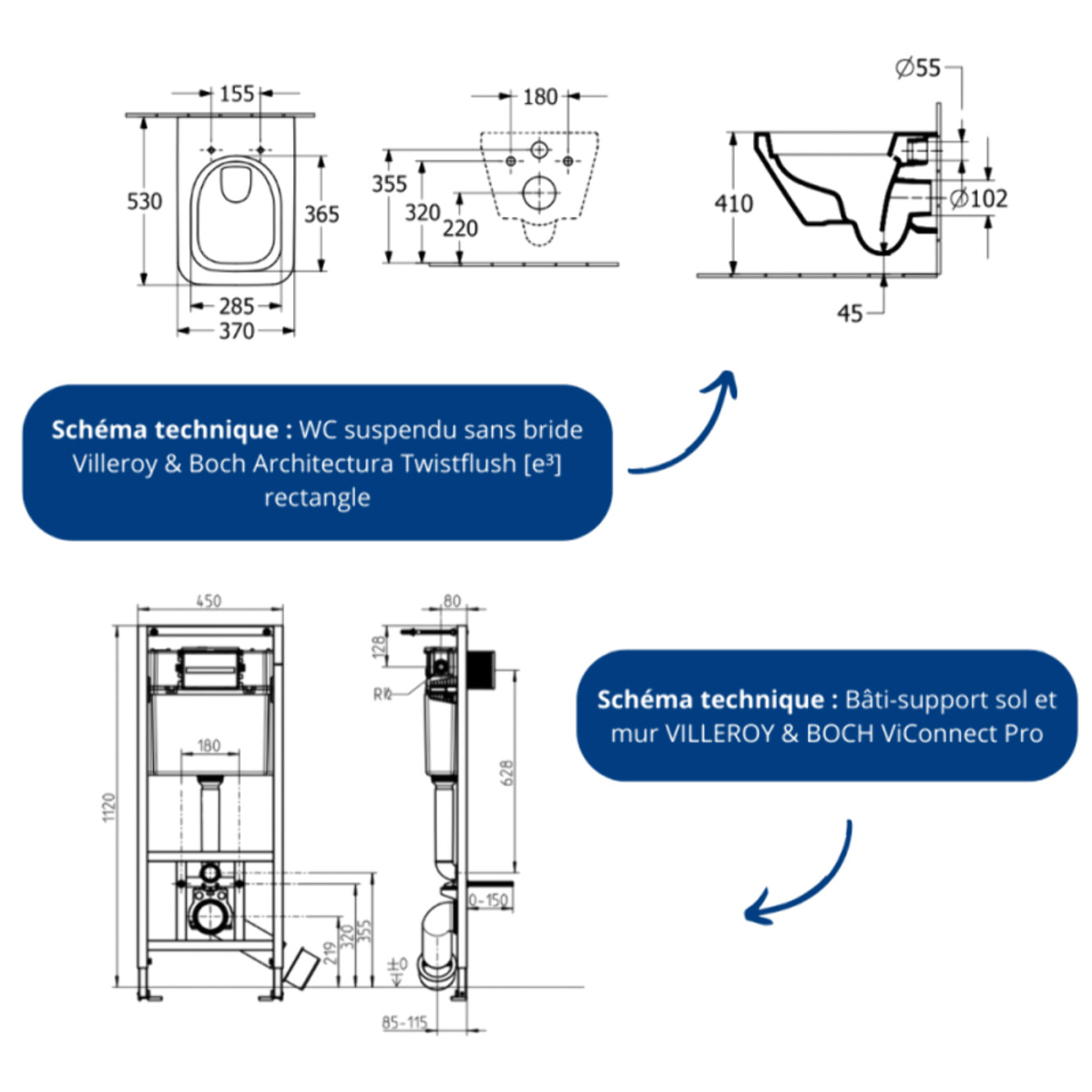 Pack WC suspendu sans bride Villeroy & Boch Architectura Twistflush [e³] rectangle+bâti-support sol et mur+plaque chrome brillant