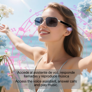 Occhiali AI GT-31 con chiamate bluetooth, controllo remoto della fotocamera, riproduzione musicale e assistente vocale.