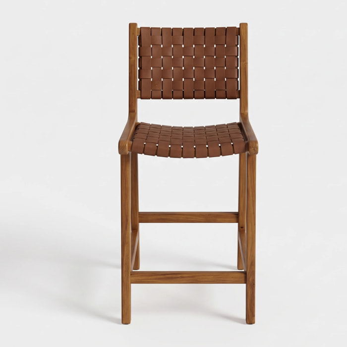 Lot de 2 chaises pour îlot central 66,5 cm en teck, cuir tressé marron - Kuna