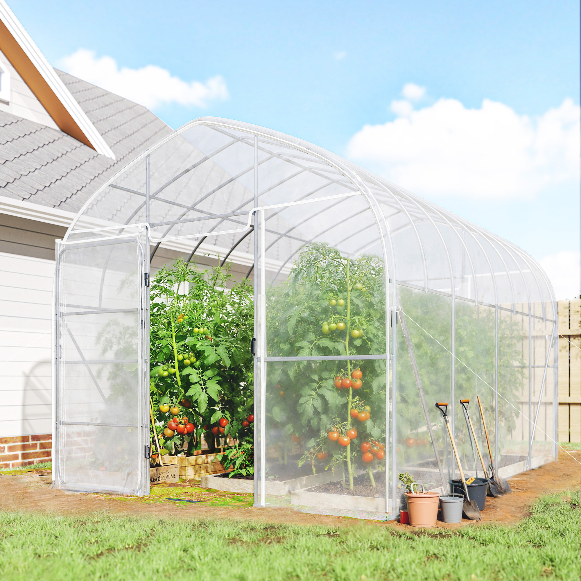 Serre tunnel jardin 12 m² - 2 portes - acier galvanisé - bâche transparente