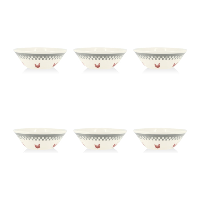 Lot de 6 coupelles en grès 16,5cm avec dessin poule GALLINA