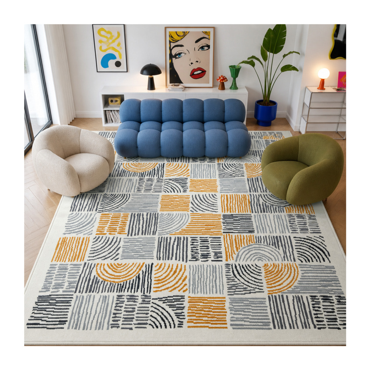 Tapis salon DORI, motif géométrique graphique, moderne