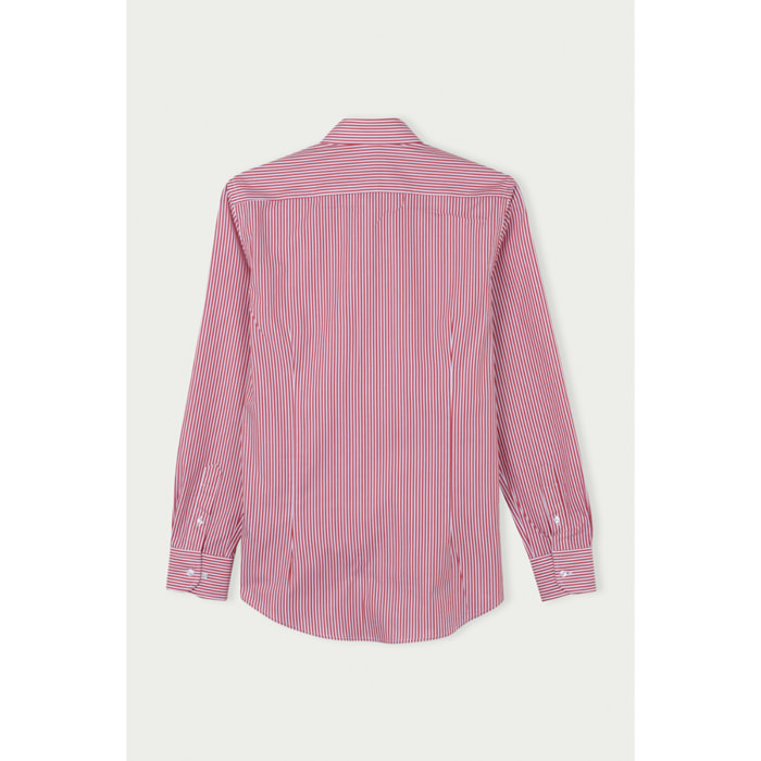 Camicia Uomo 1 Bottone Italiano Slim Cotone Riga Media Rosso\Bianco