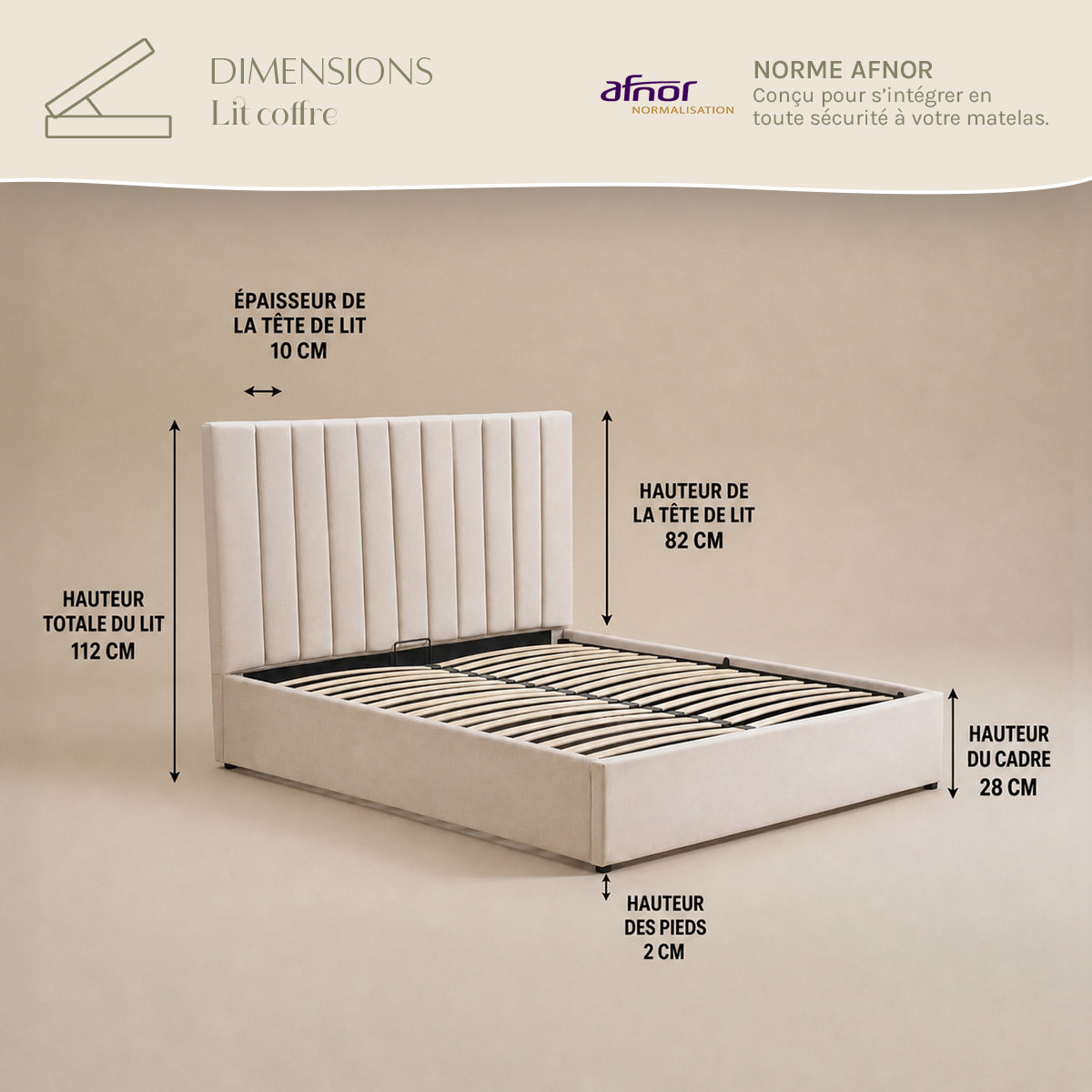 Lit Coffre Giulia Velours Beige, Grand Volume de Rangement, Sommier à Lattes Inclus