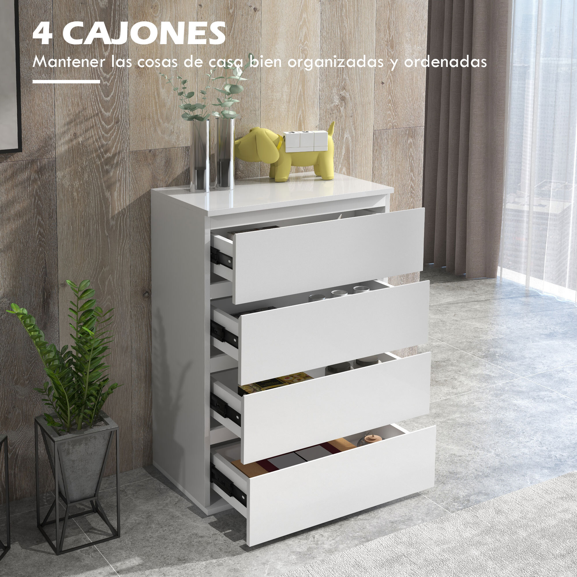 Cómoda con 4 Cajones de Madera Cajonera de Dormitorio Cómoda Blanca Brillante para Salón Habitación Dormitorio Estilo Moderno 55x33x80 cm