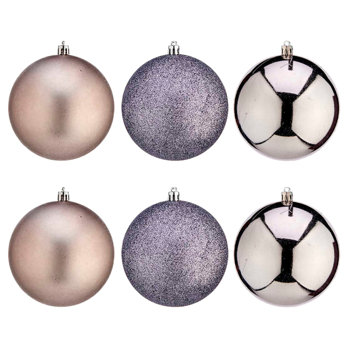 Set de 6 bolas navideñas de 10cm en color plata, surtido en 3 diseños: liso, brillante y con textura.