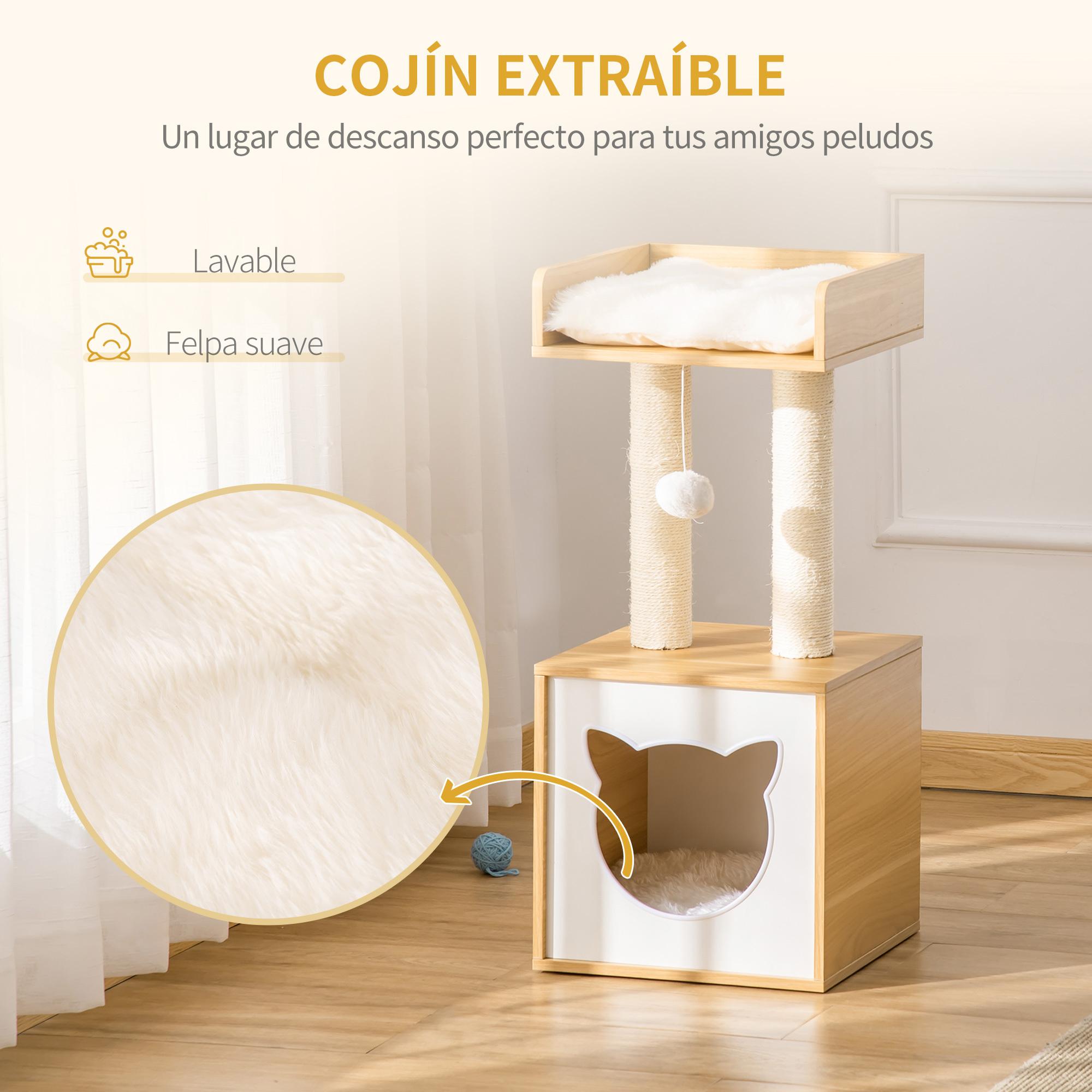 Árbol para Gatos de 2 Niveles con Cueva Cama Superior Postes Rascadores de Sisal Natural Cojines Lavables y Bola de Juguete 35x35x81 cm Roble y Blanco