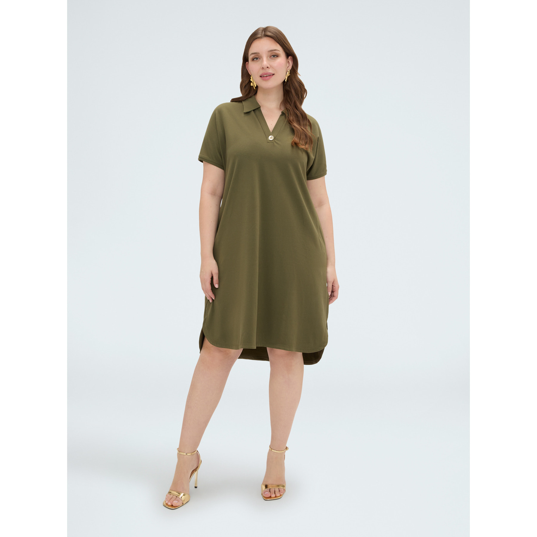 Fiorella Rubino - Vestito con colletto polo e bottone gioiello - Verde militare