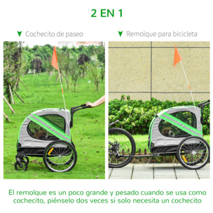 Remolque de Bicicleta Perros 2 en 1 Carrito Transporte para Mascotas con Puertas Enrollables Ventanas Cinturón de Seguridad Bandera y 6 Reflectores 140x72,5x108 cm Verde